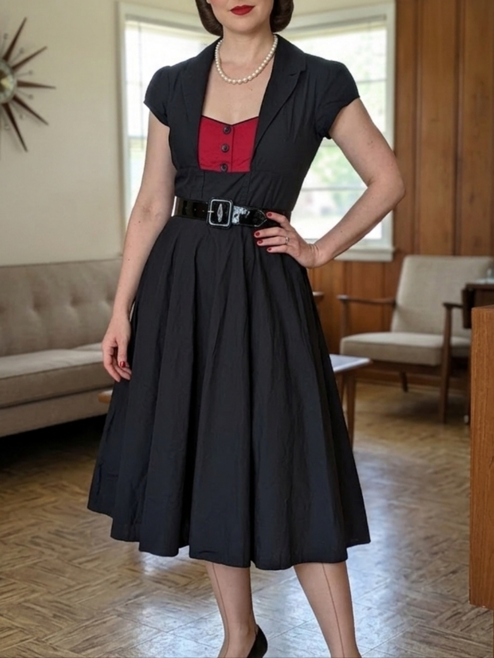 Lindy Bop Black Red‎ Contrast Rockabilly Pinup Fit Flare Dress XS Notched Lapel